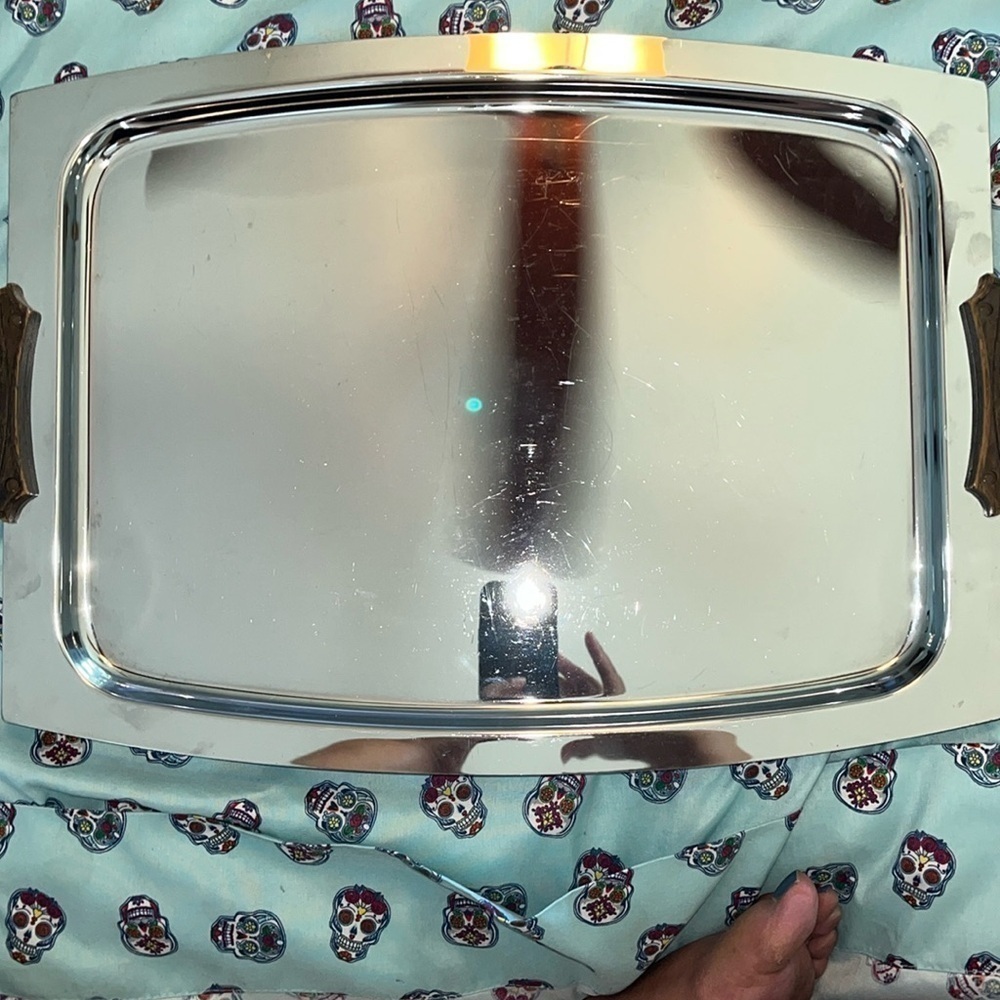 Kromex Rectangular Chrome Serving Tray with Teak Wood Handles . MCM Vintage. USA